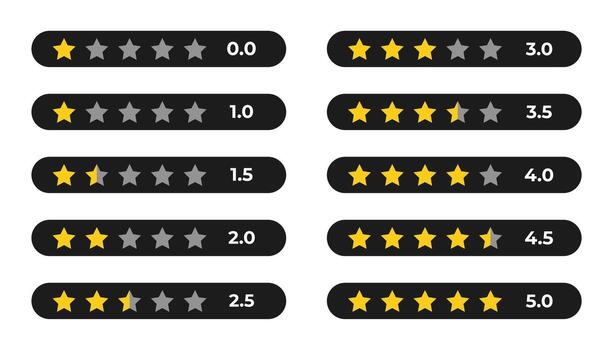 Star rating or customer icons from 0 to 5 stars with flat button set collection. Feedback, rating, scoring, survey, customer service, meter, and voting vector
