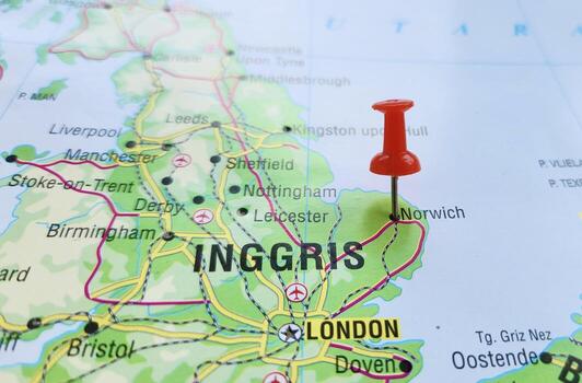 View of Norwich, is a cathedral city and district of the county of Norfolk, England, on a geographical map of Europa, marked with red push pin photo