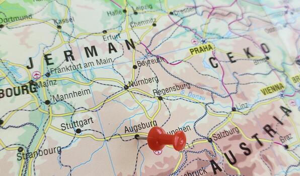 View of Augsburg, is a city in the Bavarian part of Swabia, Germany, on a geographical map of Europa, marked with red pushpin photo