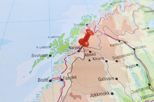 View of Narvik town, Settlement in Narvik Municipality, Norway on a geographical map of Europa, marked with red pushpin photo