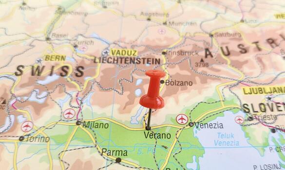 View of Verona, is the second-largest city in the region of Veneto in Italy, on a geographical map of Europa, marked with red pushpin photo