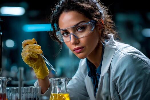 A scientist in a lab coat works carefully with test tubes, using a pipette to measure liquids. The laboratory is filled with various glassware and scientific equipment, creating a focused atmosphere photo