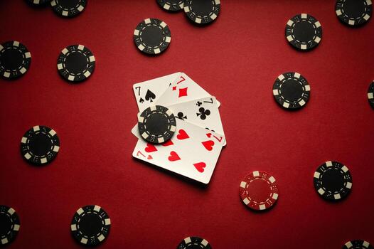 Four playing cards with a winning combination of four of a kind or quads are on a red table in a poker club. The concept of a successful game or expected victory photo