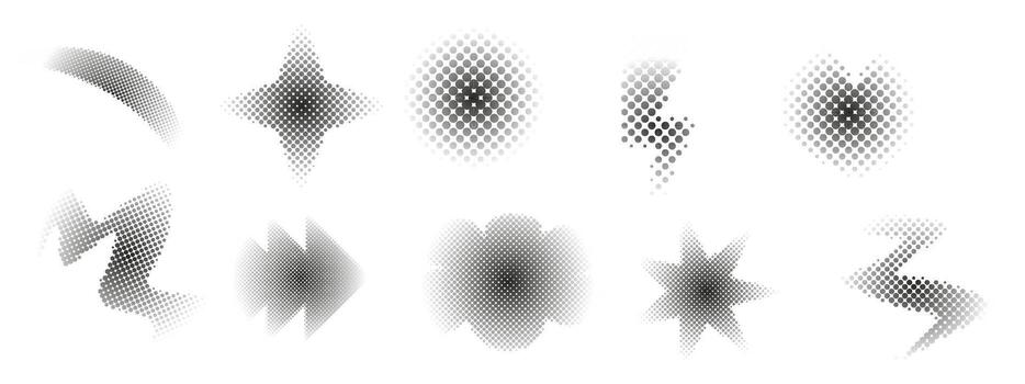 Halftone geometric abstractset dotted y2k trendy decoration. Gradient retro pixel, grain effect. Pop art style dotted hearts, isolated on white vector