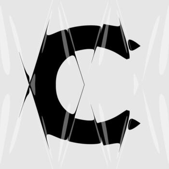 Abstract distorted letter C featuring a liquid glass effect and prism reflection. Minimal black and white typography warped by optical refraction and smooth distortion. Great for creative design vector
