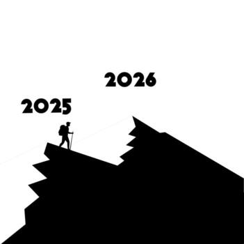 illustration of a hiker crossing from 2025 to 2026 over a cliff, symbolizing progress, overcoming challenges, and reaching new goals for the new year and success vector