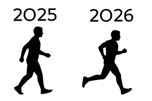 ilustración de un corriendo hombre silueta Moviente desde 2025 a 2026, simbolizando progreso, cambiar, y nuevo año objetivos. Perfecto para éxito, negocio, y motivación temas vector