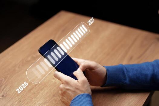 Future technology forecast in hands of a person with smartphone in a modern setting photo