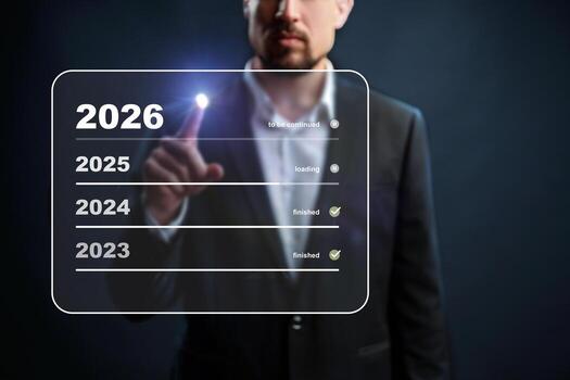 Man interacting with a digital timeline showing years and status of projects photo