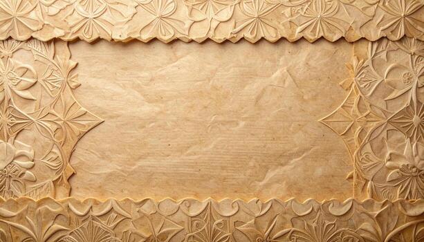 Decorative floral relief frame borders a crumpled beige parchment paper providing a textured neutral surface for graphic design projects. photo