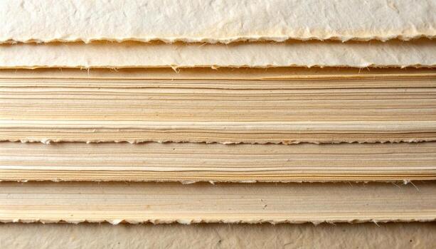 A stack of textured paper with deckled edges creates a visually appealing surface showing layers of handmade material close up for background use. photo