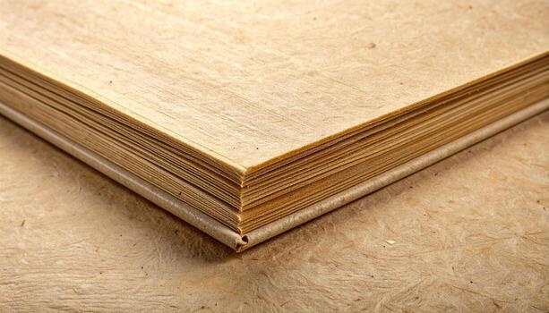 Close up shot reveals the textured pages and cover of an old book with tan colored paper resting upon a matching background surface. photo