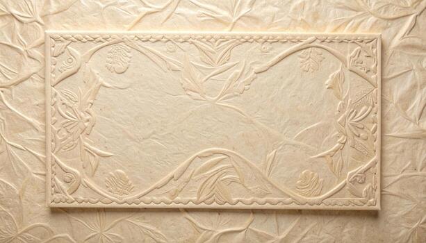 An embossed beige paper background with floral ornaments in a rectangular frame showcasing exquisite artistic paper making and delicate texture work. photo