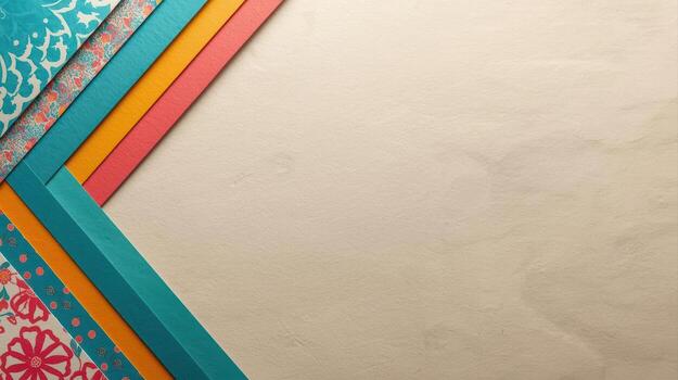 A top view of colorful patterned paper strips arranged on a neutral textured surface creates a vibrant and inviting blank background space. photo