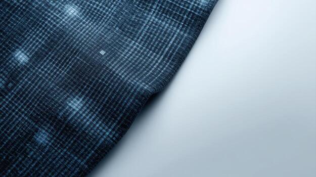 Close up shot of a dark blue patterned fabric with subtle white dots placed diagonally on a plain white background presenting a minimalist design. photo