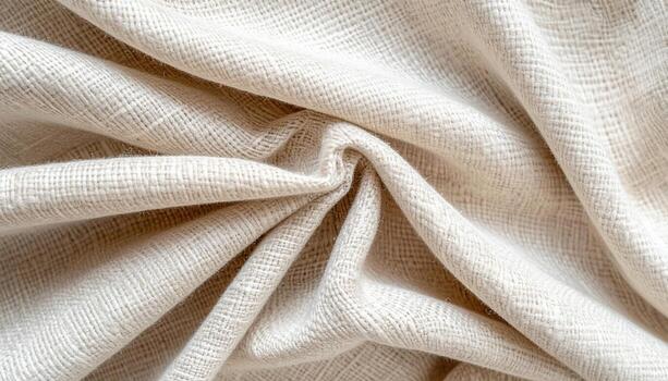 A close up shot shows the intricate weave and soft texture of a beige fabric, creating a gentle swirl pattern on a smooth surface. photo