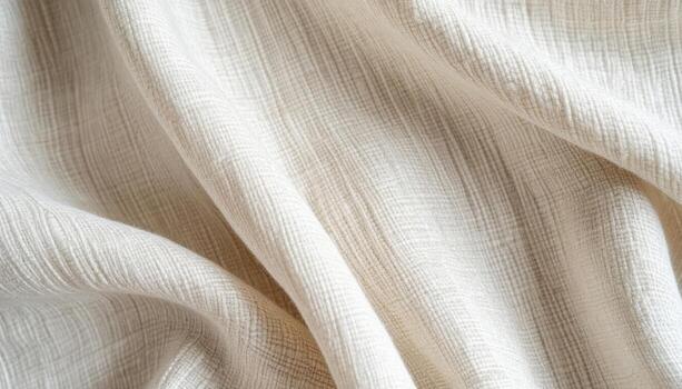 A close-up shot showcases the gentle folds and textured surface of an elegant and soft cream-colored woven fabric, creating visual interest. photo