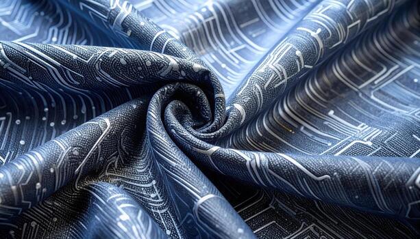 Close-up of folded blue fabric with a digital circuit board pattern, creating an abstract and technological inspired textile design. photo
