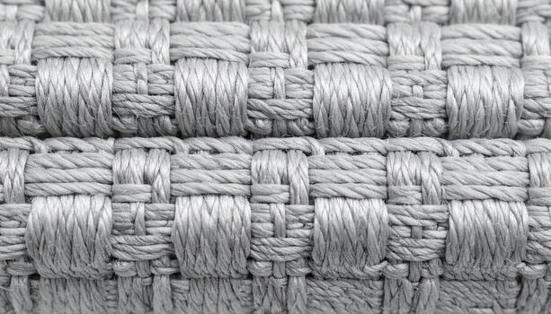 Close up shot of tightly woven silver fabric displaying the intricate basket weave pattern and texture in detailed macro photography. photo