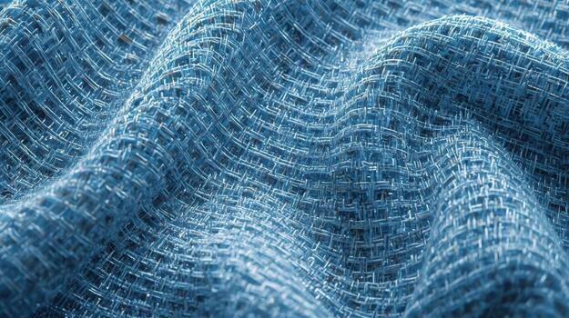 The rippling texture of a delicate blue woven fabric creates a soft and elegant surface with intricate details in its construction. photo