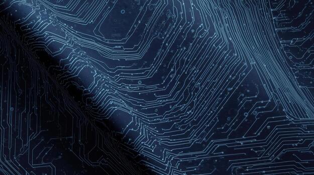 un complejo red de circuito tablero pistas y conexiones formas un dinámica y fluido oscuro azul tecnológico electrónico modelo diseño. foto