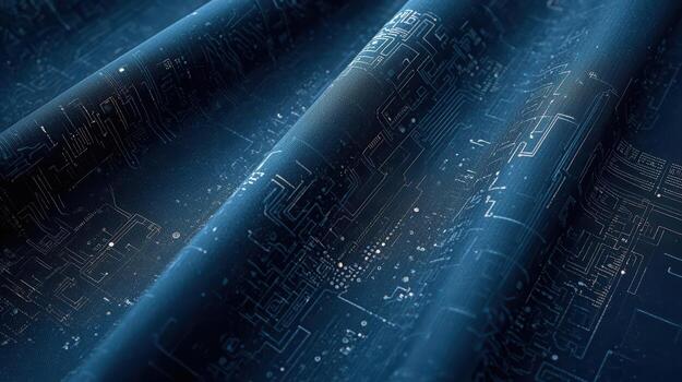 An abstract blue circuit board pattern folds like soft fabric with lines and connectors creating a digital technological textile design. photo