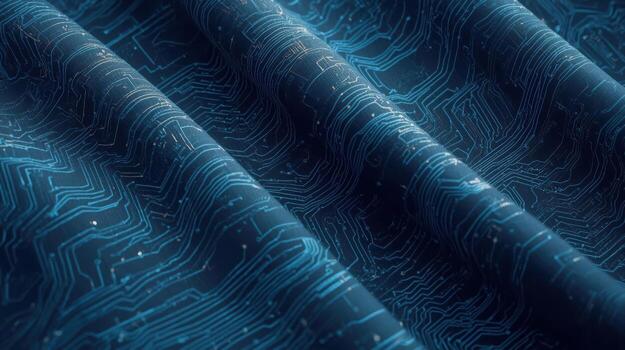 Detailed close up of a sophisticated dark blue printed circuit board design on rippled fabric creating an abstract tech background aesthetic. photo