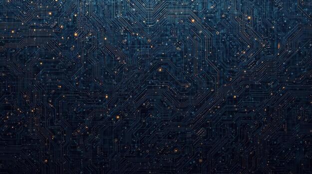 Intricate network of blue circuit board traces illuminated by scattered golden particles creating a futuristic technology background design. photo