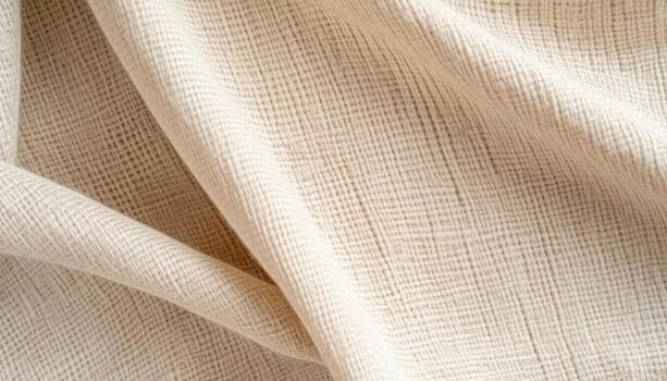 Close-up of soft cream-colored cotton fabric showing intricate weave patterns with gentle folds creating a textured, elegant background effect. photo