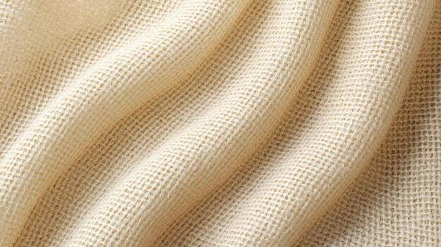 A soft beige woven fabric texture is draped with gentle folds and subtle shadows, creating a warm, inviting, and comforting abstract scene. photo