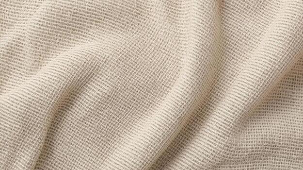 Close up shows the subtle texture and gentle folds of a beige fabric, creating a soft, neutral backdrop suitable for various designs. photo
