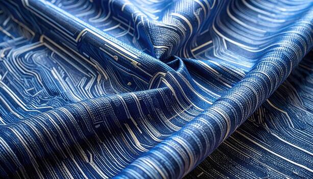 The intricate blue fabric features a mesmerizing circuit board pattern, creating a visually stimulating and modern design in a beautiful display. photo