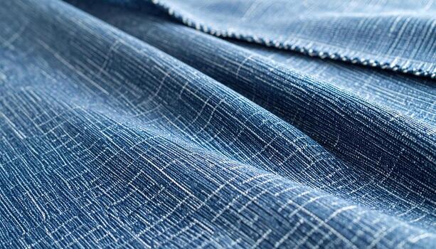 suave mezclilla tela con un resumen cuadrícula modelo es cuidadosamente drapeado, demostración amable pliegues y un texturizado superficie en frio índigo sombras. foto