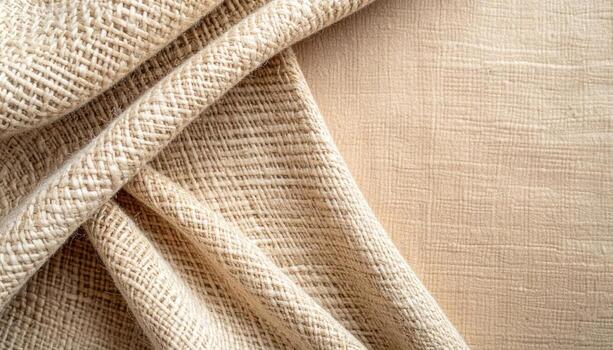 Elegant beige fabric drapes gracefully, displaying a subtle textured pattern with delicate folds and a soft, neutral color palette in macro view. photo