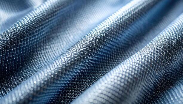 A shimme blue textile displays an intricate woven pattern creating captivating textures and subtle undulations across the elegant fabric surface. photo