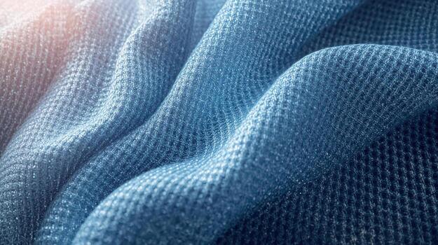 The intricate texture of light blue woven fabric is displayed with gentle folds and soft illumination creating a visually appealing backdrop. photo