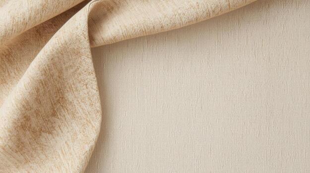 Abstract light brown textured fabric gently drapes across a plain neutral surface creating an elegant and inviting background presentation. photo