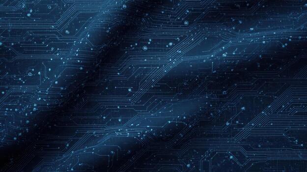 Digital technology abstract background with glowing circuit board pattern representing modern connectivity and future innovation in dark blue color. photo