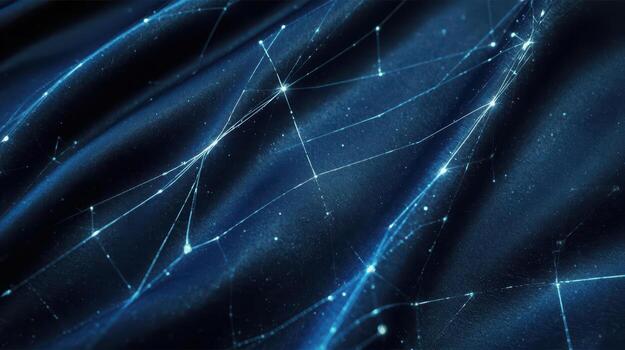 Abstract network connections glitter on a dark blue rippled fabric creating a futuristic digital landscape with interconnected nodes and lines. photo