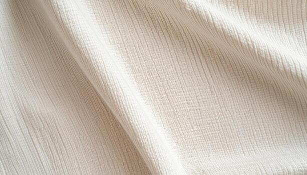 A textured beige fabric is draped with soft folds, showcasing its subtle ribbed pattern and creating a warm, inviting, and delicate look. photo