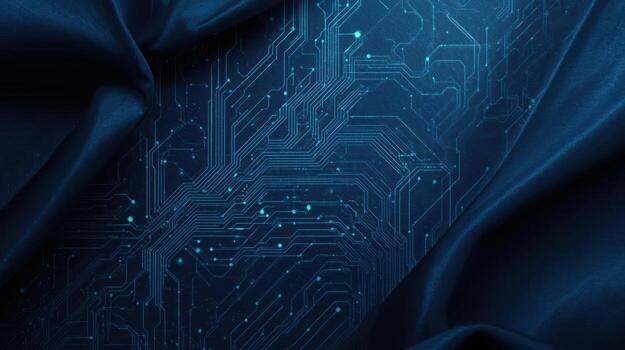 Abstract blue digital network circuit board design softly draped over dark fabric creates a futuristic and technological aesthetic flawlessly. photo
