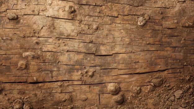 un detallado de cerca revela el áspero textura y terroso marrón tonos de un antiguo resistido de madera superficie con grietas y pequeño piedras incorporado. foto