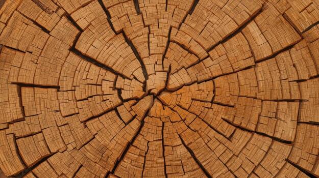Detailed macro shot showcasing the intricate patterns and textures within the cross section of a cut tree trunk with radial cracking. photo