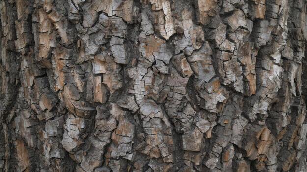 Extremely detailed close up displays a rough, deeply furrowed tree bark texture with various shades of brown and gray in the natural sunlight. photo