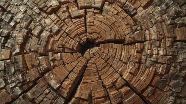 An old tree stump displays concentric growth s and cracks on its weathered surface, showcasing nature's patterns after the tree was felled. photo