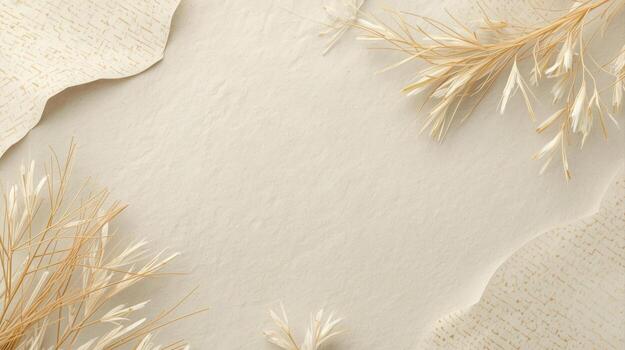 Delicate dried floral arrangements and textured paper adorn a soft, neutral background creating a calming and elegant composition for designs. photo