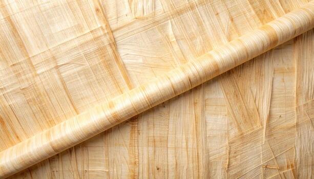 A close-up shot reveals the textured surface of a rolled papyrus sheet, showcasing its natural fibers and warm, neutral color palette. photo