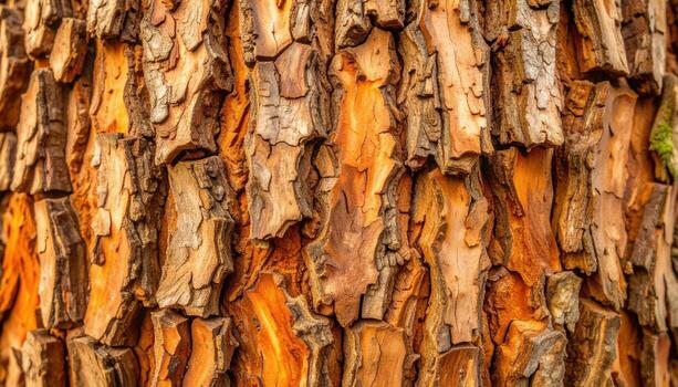 The rough, textured surface of tree bark showcases intricate patterns and warm earthy tones, creating a natural and visually captivating image. photo