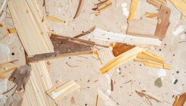 A full frame close up reveals the intricate texture of particle board with wood shavings and fragments arranged randomly on its surface. photo