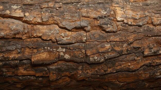 The rough, textured bark of a tree exhibits deep grooves and intricate patterns of brown and gray, creating a detailed natural surface. photo